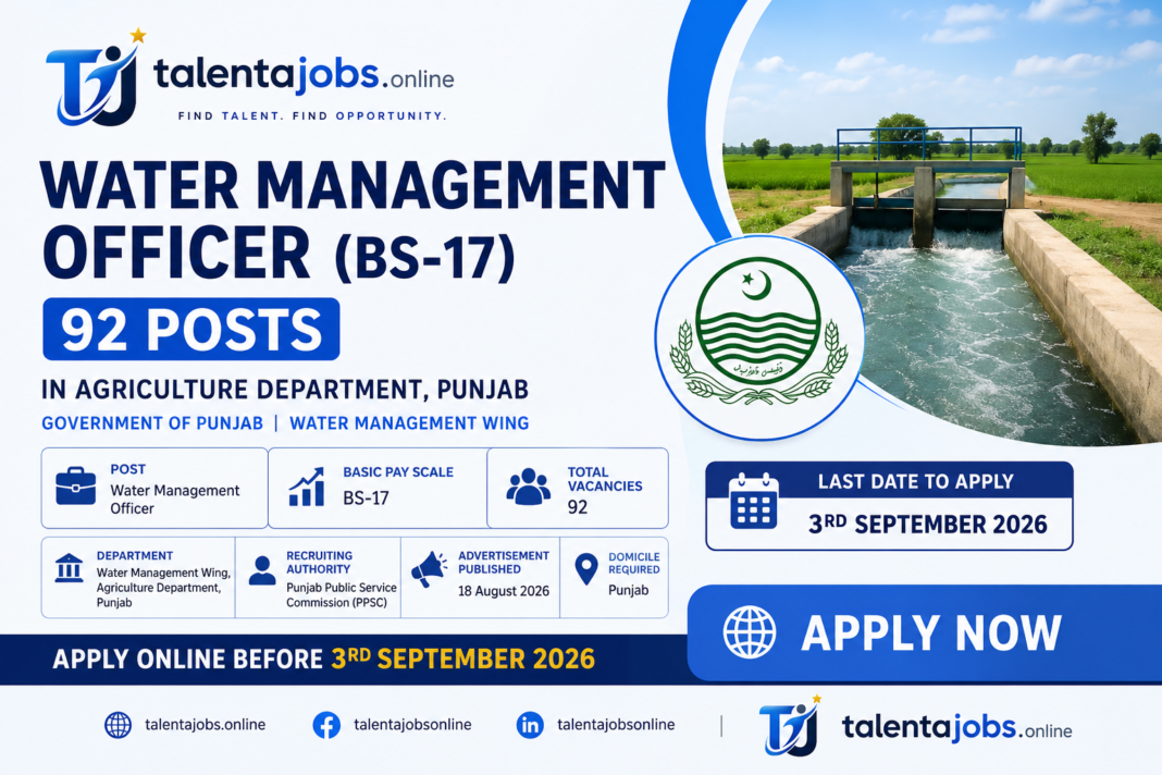Water Management Officer PPSC jobs 2026 in Punjab Agriculture Department - 92 vacancies BS-17