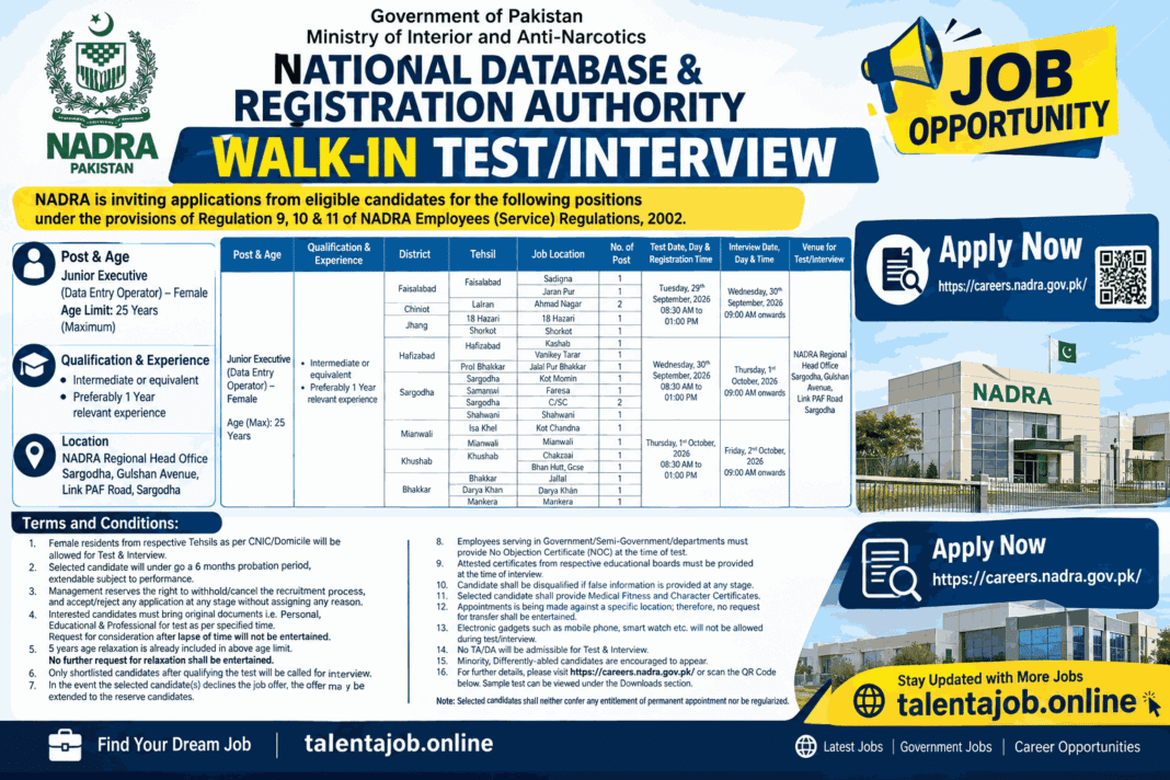 NADRA Junior Executive Data Entry Operator Female Walk-In Test and Interview 2026 job advertisement