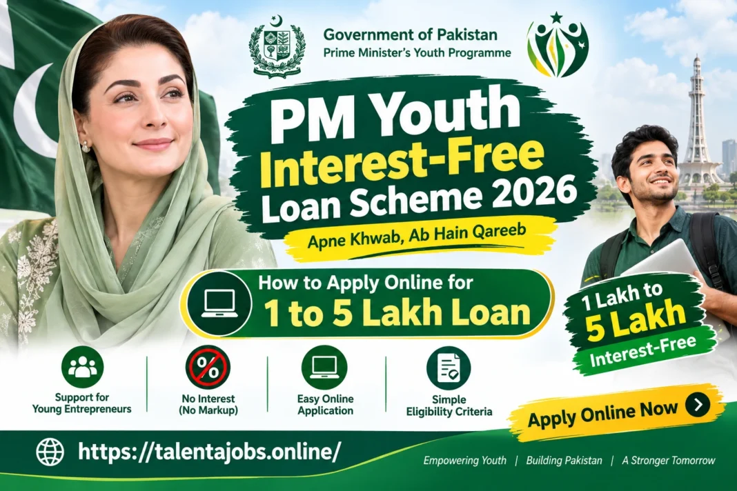 Promotional banner for Prime Minister Youth Programme 1 to 5 Lakh interest-free business loan scheme online apply guide on Talenta Jobs